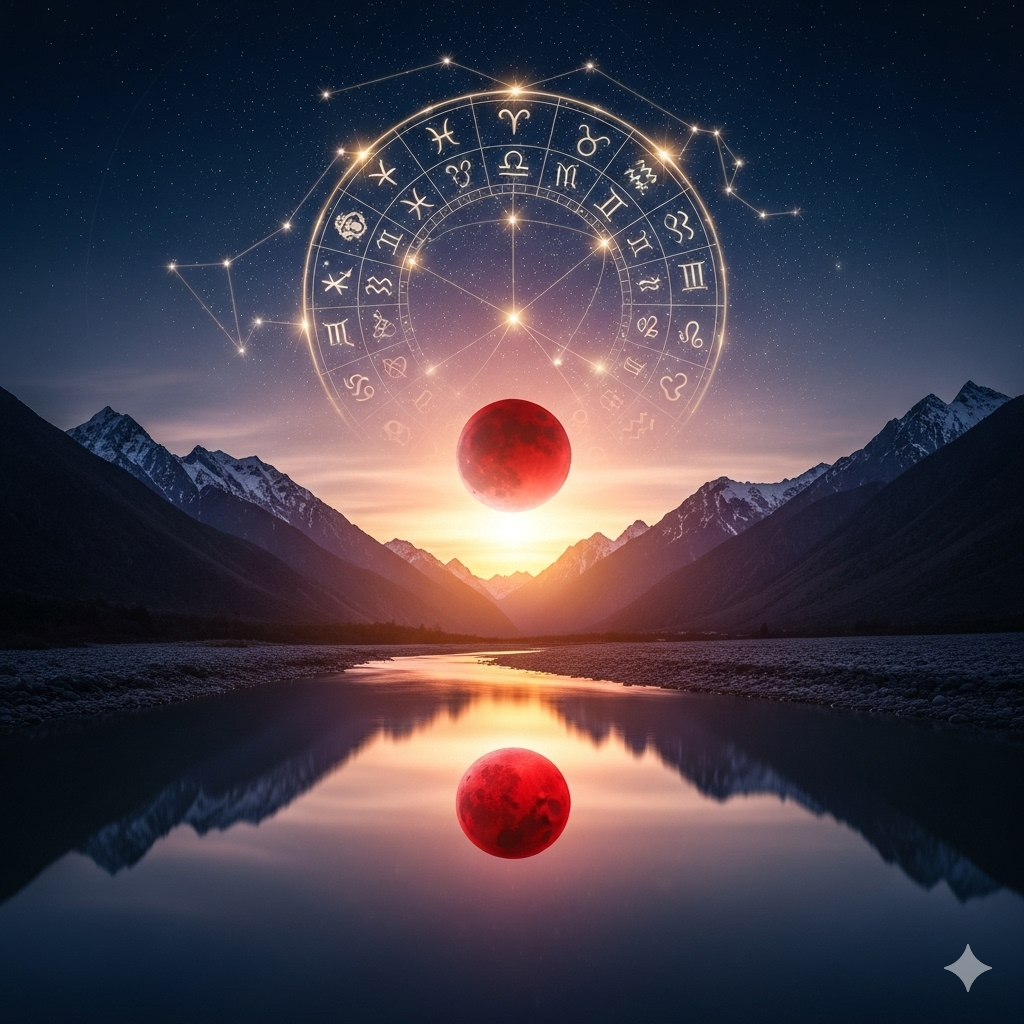 “7 सितंबर 2025 का ब्लड मून चंद्र ग्रहण – कुंभ राशि में लगने वाला पूर्ण चंद्र ग्रहण, सभी 12 राशियों पर प्रभाव दर्शाता हुआ रहस्यमयी ज्योतिषीय दृश्य”